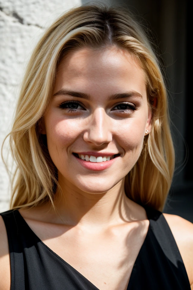 RAW photo, face portrait photo of beautiful 26 y.o woman, cute face, blond hair, wearing black dress, happy face, hard shadows, cinematic shot, dramatic lighting