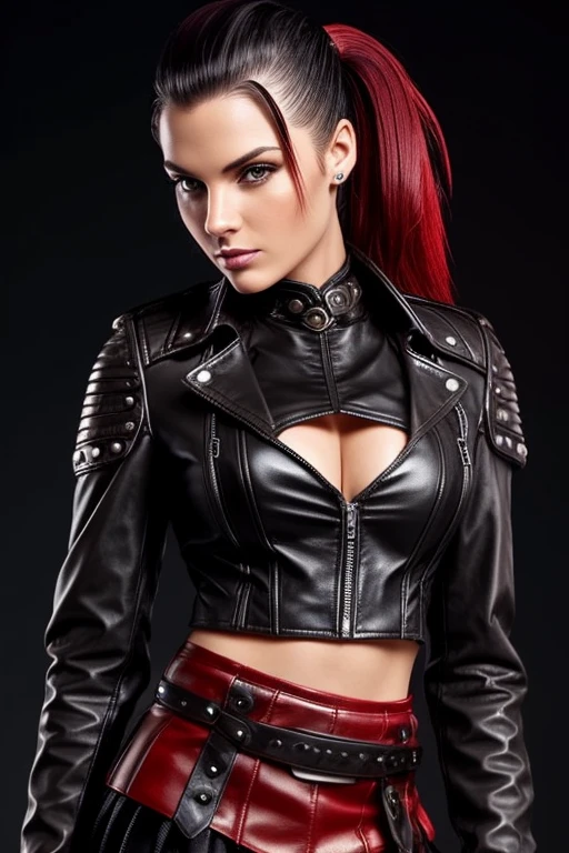 Gorgeous european steampunk woman with very short straight hair in a high ponytail, wet hair, hair slicked back, combed straight back, slick hair, black to red gradient hair, wearing a leather jacket with nothing underneath and mini skirt, solid dark black background