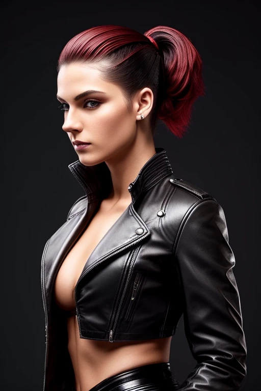 Gorgeous european steampunk woman with very short straight hair in a high ponytail, wet hair, hair slicked back, combed straight back, slick hair, black to red gradient hair, wearing a leather jacket with nothing underneath and mini skirt, solid dark black background