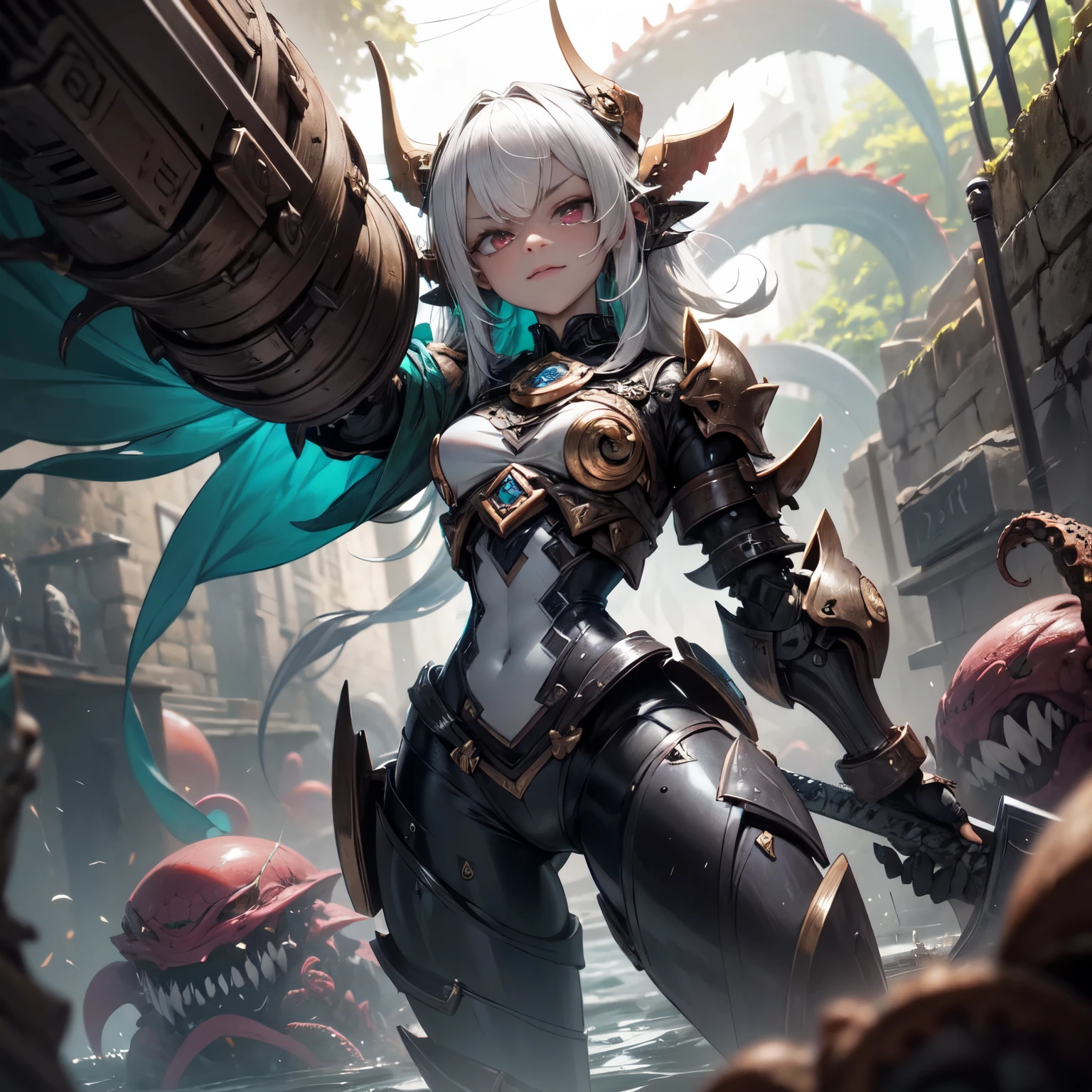 Ore shield Aegis platinum Robot steampumk Girl Automaton, mecanismos sombrios, uma Arma Mangual Aberrante repousa, A nightmare creation ready for action. This mangrove weapon is a grotesque monstrosity, with twisted tentacles that form the extension of the weapon. Each tentacle ends in an eyelid with sharp, tusked teeth, projecting like lethal blades. The body of the weapon is adorned with manic eyes that are filled with stitched human arms and tentacles that writhe like serpents. Apesar de estar acorrentada, the Aberrant Mangual Weapon displays an expression of madness and extreme insanity, as if it were a living extension of the chaos that inhabits the dungeon. Seus olhos brilham com uma intensidade perturbadora. The surrounding environment is threatening, with damp stone walls and a silence that seems oppressive. The Mangual Aberrant Weapon is a cursed relic, A weapon that defies all notions of sanity and can unleash destruction at any time.