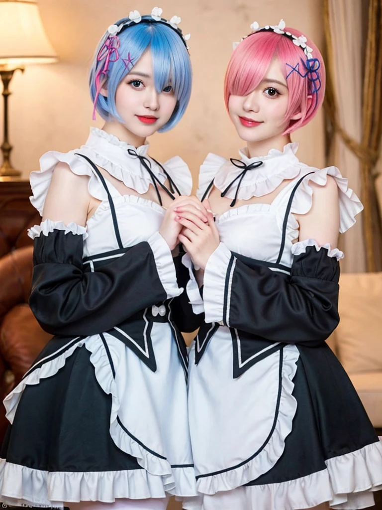 (8K, Photorealistic, Raw photo, of the highest quality: 1.3), (1girl in), Super beautiful, (Realistic face), (boyish, light blue Color Berry Shorthair),(8K, Photorealistic, Raw photo, of the highest quality: 1.3), (1girl in), Super beautiful, (Realistic face), (boyish, pink Color Berry Shorthair), Beautiful , Glare that captivates the viewer, Beautiful expression, Beautiful breasts, (Realistic skin), Be...Create a detailed and colorful image of Ram and Rem from Re:Zero, standing back-to-back in their maid outfits, with a magical fantasy background、14years old, two girls,cute, perfect face, beautiful, nice body, gothic ta clothes, gothic loliashion, frilly skirt, headdress, necklace, bracelet, knee-high socks, boots, double eyelids, tear bags, Detailed down to the fingers, photo-like description, indoors, dim indoor lighting, one girl is pink hair and short bob, another girl is light blue hair and short bob,standing, whole body, composition that shows the whole body, smiling,The Both of them are wearing the same type of maid outfit