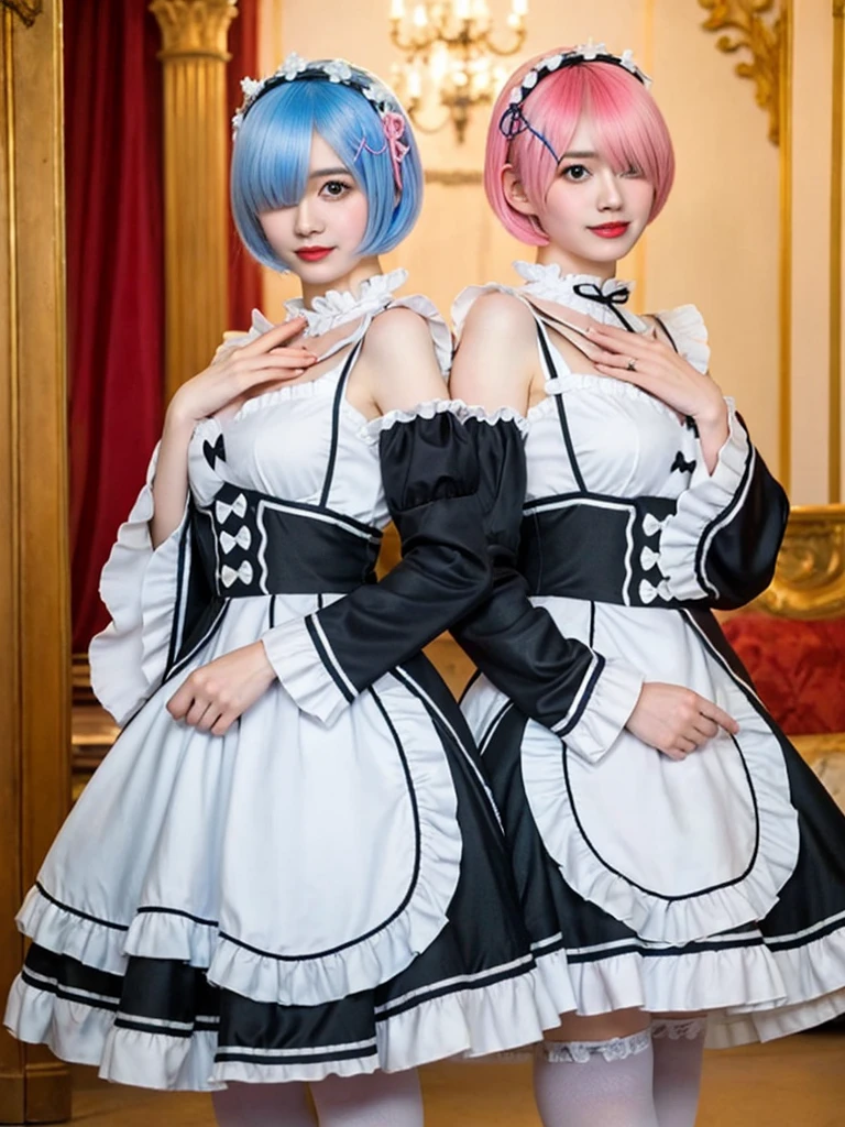 (8K, Photorealistic, Raw photo, of the highest quality: 1.3), (1girl in), Super beautiful, (Realistic face), (boyish, light blue Color Berry Shorthair),(8K, Photorealistic, Raw photo, of the highest quality: 1.3), (1girl in), Super beautiful, (Realistic face), (boyish, pink Color Berry Shorthair), Beautiful , Glare that captivates the viewer, Beautiful expression, Beautiful breasts, (Realistic skin), Be...Create a detailed and colorful image of Ram and Rem from Re:Zero, standing back-to-back in their maid outfits, with a magical fantasy background、14years old, two girls,cute, perfect face, beautiful, nice body, gothic lolita clothes, gothic lolita fashion, frilly skirt, headdress, necklace, bracelet, knee-high socks, boots, double eyelids, tear bags, Detailed down to the fingers, photo-like description, indoors, dim indoor lighting, one girl is pink hair and short bob, another girl is light blue hair and short bob,standing, whole body, composition that shows the whole body, smiling,The Both of them are wearing the same type of maid outfit