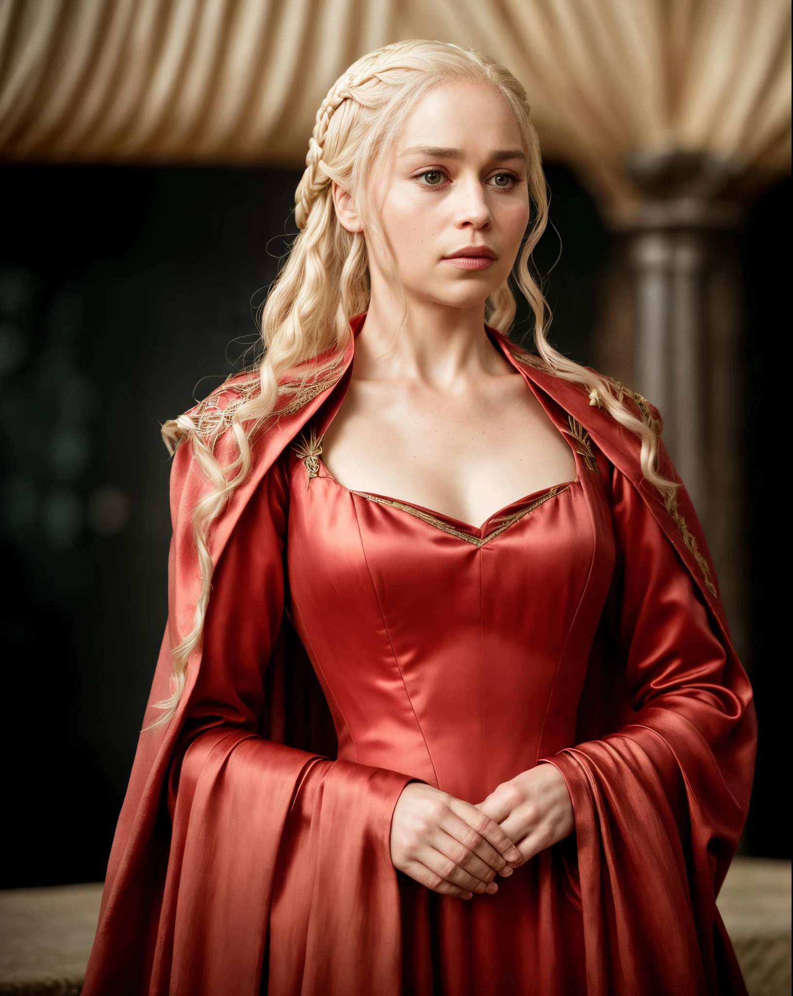 masterpiece, unparalleled Beauty, 45 years old lady, queen lady, beautiful queen, cinematic colour, erotic costumes, Khaleesi of the great grass sea, queen of the andals, the queen across the sea, valyrian, the breaker of chains, the Mother of Dragons, protector of the seven kingdoms, sensual dress, stunning portrait photo of khls woman, front facing , wearing Erotic mediaeval costumes, War Costumes , sharp focus, natural lighting, subsurface scattering, f2, 35mm, film grain, Regal Beauty, Regent Queen, silk satin, linen clothes, beautiful ruler queen, sexiest majestic queen dress, beautymarks ,