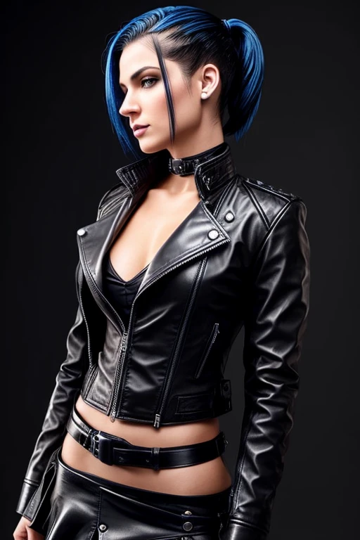 Gorgeous european steampunk woman with very short straight hair in a high ponytail, wet hair, hair slicked back, combed straight back, slick hair, black to blue gradient hair, wearing a leather jacket with nothing underneath and mini skirt, solid dark black background