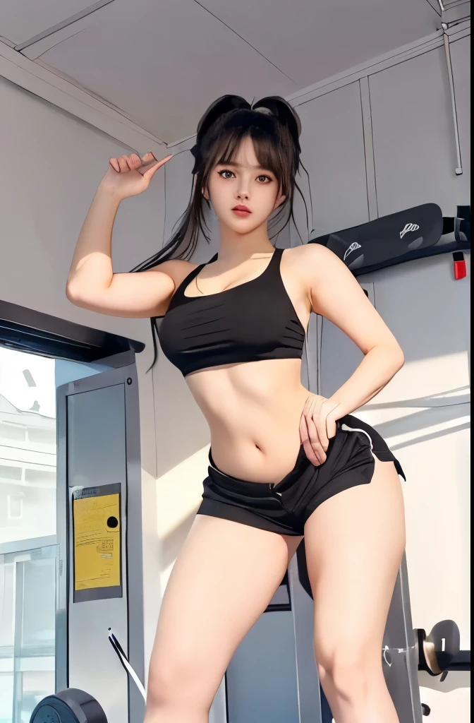 girl in a black top and shorts posing for a picture, thicc, seductive girl, most strongest pose, anime moe artstyle, chun li at the gym, beautiful girl squatting, ecchi style, attractive girl, smooth cg art, oppai, strong pose, fit girl, in a gym, (sfw) safe for work
