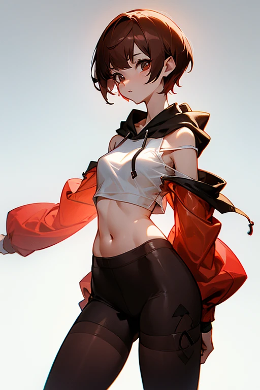 Cute girl 、Belly button、Shoulder、slender、Tight clothing、Pixie Cut、Sporty、Grown-up、24-years-old、Red-brown hair、Shorts、Oversized hoodie、Translucent tightesh tights、Off-the-shoulder hoodie、See-through design