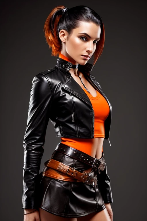 Gorgeous european steampunk woman with very short straight hair, wet hair, hair slicked back, combed straight back, slick hair, black to red gradient hair, wearing a leather jacket with nothing underneath and mini skirt, solid dark black background