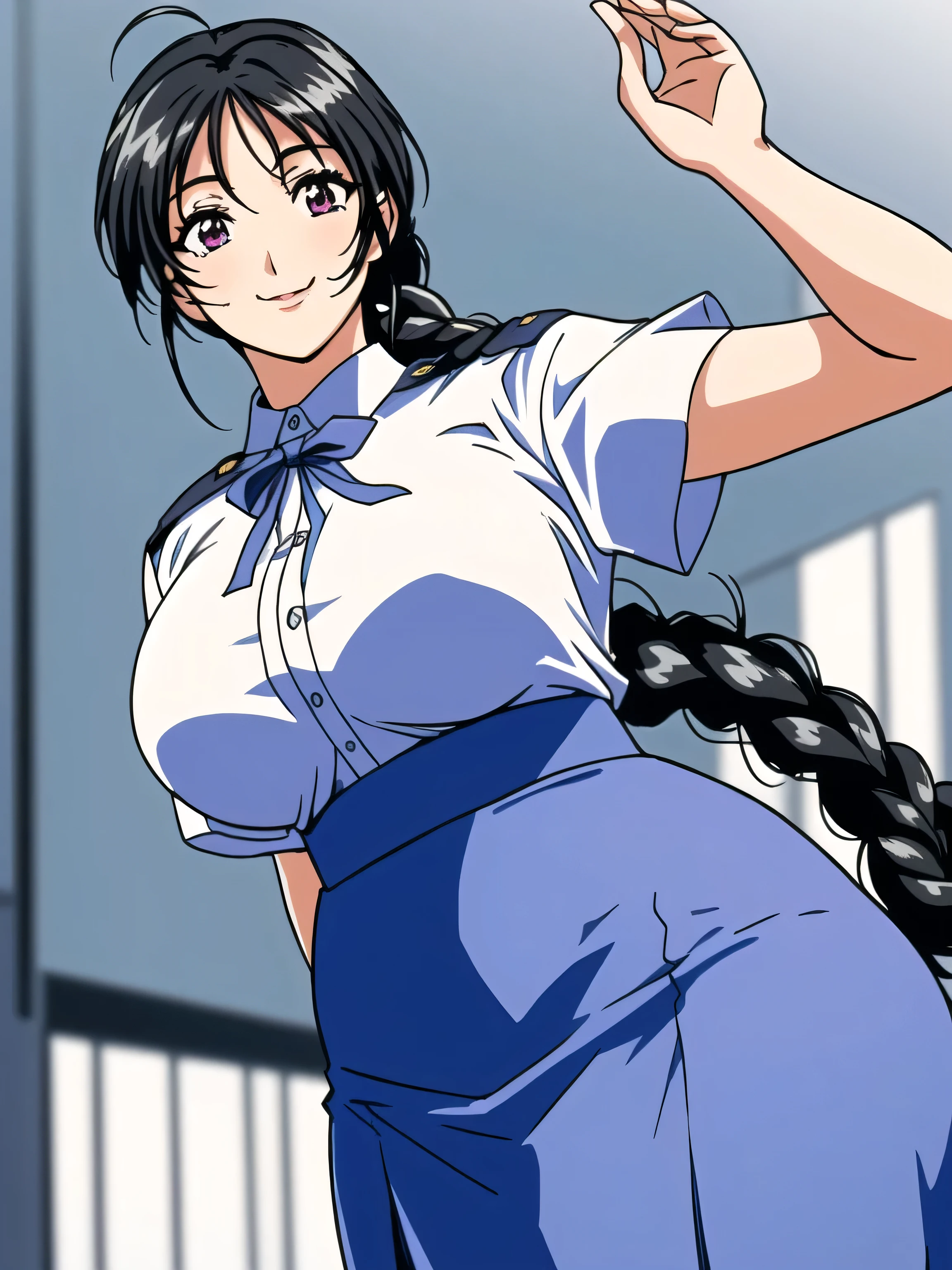 (Masterpiece, Top Quality, Highly Detailed, 16K Anime High Resolution, Anime Style, Clean Brush Strokes, Highly Detailed, Anatomically Perfect Body, Beautiful Character Design), 1 Girl, 20 Years Old Young Woman, ( perfect face, very detailed), (black hair, long hair, ribbon, braid), beautifully detailed eyes, purple eyes, beautiful nose, smile, table top, (big breasts: 0.8), (beautiful body, upper_ Body), (Female police officer, blue police uniform, short sleeves, shirt), (Beautiful Finger), Smooth body line, Wide waist: 0.2, Big butt: 0.3, (Navy office skirt), Beautiful long legs, (SEXY pose), wearing white pants, looking at the viewer, (medieval city background), (frontal photo, shot from below),