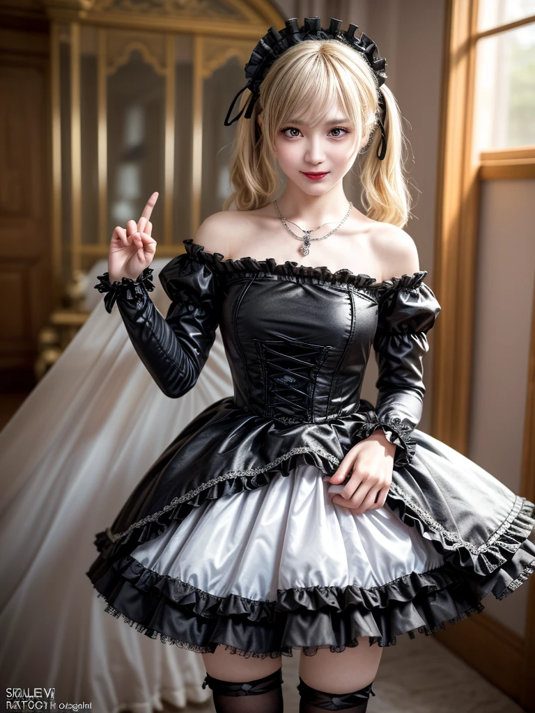(8K, Photorealistic, Raw photo, of the highest quality: 1.3), (1girl in), Super beautiful, (Realistic face), (boyish, Silver Color Berry Shorthair), Beautiful , Glare that captivates the viewer, Beautiful expression, Beautiful breasts, (Realistic skin), Be...Super high quality, super high definition, super detailed, masterpiece, 20years old, female, cute, perfect face, beautiful, gothic ta clothes, gothic loliashion, frilly skirt, headdress, necklace, bracelet, knee-high socks, boots, double eyelids, tear bags, Detailed down to the fingers, photo-like description, indoors, dim indoor lighting, blonde hair, pony tail, standing, whole body, composition that shows the whole body, smiling,Optimal ratio of 4 fingers and 1 thumb