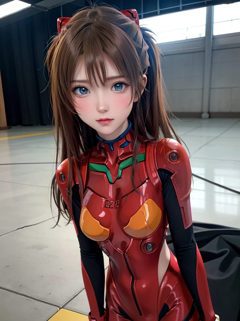 ((Best quality)), ((Masterpiece)), (Details: 1.4), 3D, Asuka Langley Soryu, Asuka, high resolution (high dynamic range), ray tracing, NVIDIA, super resolution, Unreal 5, subsurface scattering ,PBR texturing, post-processing, anisotropic filtering, depth of field, maximum sharpness and sharpness, multi-layered textures, albedo and specular maps, surface shading, accurate simulation of light and matter interaction, perfect proportions ,Octane Rendering,Two-Tone Lighting,Wide Aperture,Low ISO,White Balance,Rule of Thirds,8K RAW,(Masterpiece: 1.4, Best Quality), (Intricate Details), Unity8k Wallpaper, Highly Detailed, Beautiful and Mysterious, Details background, realistic, alone, perfectly detailed face, detailed blue eyes, highly detailed, blush, hair ornament, chignon mahogany hair, (blonde), plug suit 02, Shikinami Asuka Langley, Evangelion, Slender 15-year-old girl, full body suit, black background, above the waist,composition that shows the whole body,