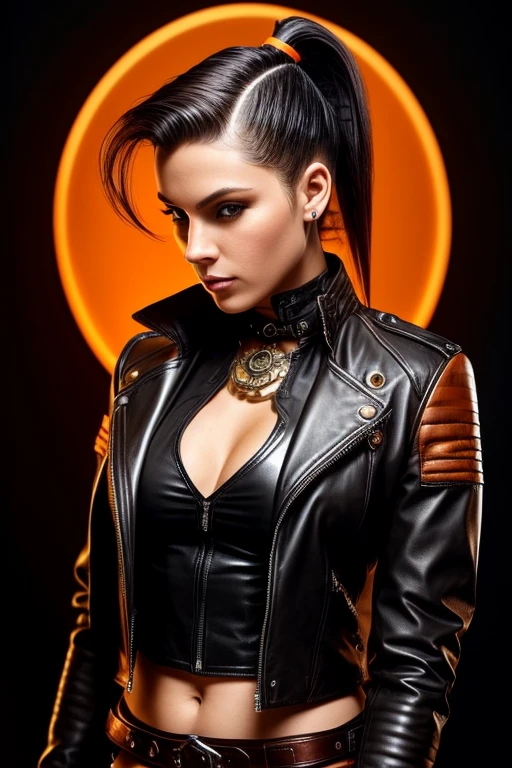 Gorgeous european steampunk woman with very short straight hair in a high ponytail, wet hair, hair slicked back, combed straight back, slick hair, black to orange gradient hair, wearing a leather jacket with nothing underneath and mini skirt, solid dark black background