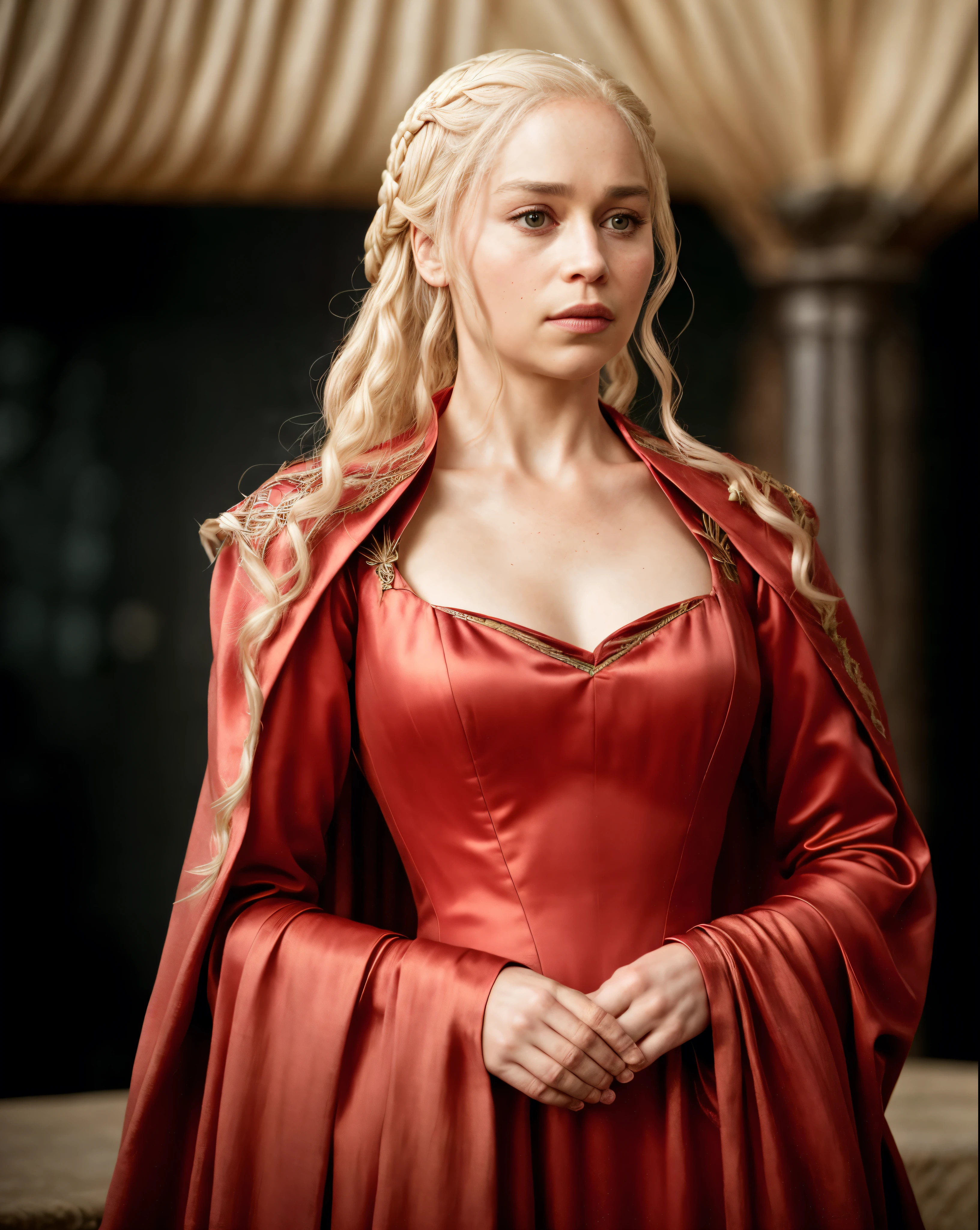 masterpiece, unparalleled Beauty, 45 years old lady, queen lady, beautiful queen, cinematic colour, erotic costumes, Khaleesi of the great grass sea, queen of the andals, the queen across the sea, valyrian, the breaker of chains, the Mother of Dragons, protector of the seven kingdoms, sensual dress, stunning portrait photo of khls woman, front facing , wearing Erotic mediaeval costumes, War Costumes , sharp focus, natural lighting, subsurface scattering, f2, 35mm, film grain, Regal Beauty, Regent Queen, silk satin, linen clothes, beautiful ruler queen, sexiest majestic queen dress, beautymarks ,