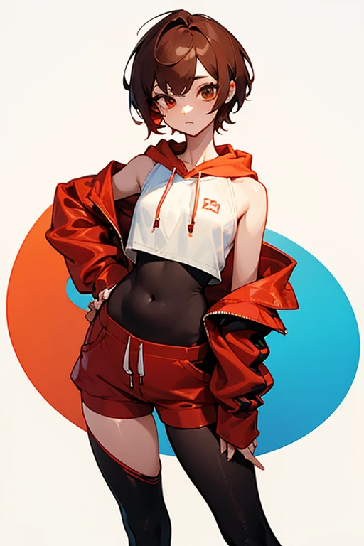 Cute girl 、Belly button、Shoulder、slender、Tight clothing、Pixie Cut、Sporty、Grown-up、24-years-old、Red-brown hair、Shorts、Oversized hoodie、Translucent tightesh tights、Off-the-shoulder hoodie、See-through design