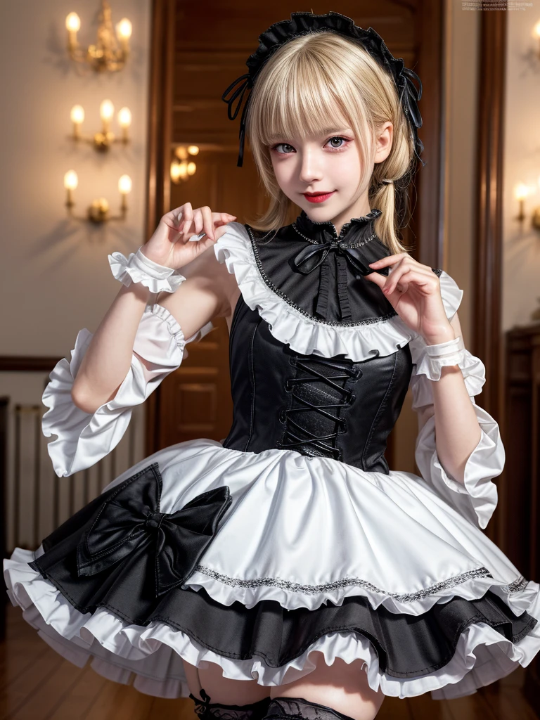 (8K, Photorealistic, Raw photo, of the highest quality: 1.3), (1girl in), Super beautiful, (Realistic face), (boyish, Silver Color Berry Shorthair), Beautiful , Glare that captivates the viewer, Beautiful expression, Beautiful breasts, (Realistic skin), Be...Super high quality, super high definition, super detailed, masterpiece, 20years old, female, cute, perfect face, beautiful, gothic lolita clothes, gothic lolita fashion, frilly skirt, headdress, necklace, bracelet, knee-high socks, boots, double eyelids, tear bags, Detailed down to the fingers, photo-like description, indoors, dim indoor lighting, blonde hair, pony tail, standing, whole body, composition that shows the whole body, smiling,Optimal ratio of 4 fingers and 1 thumb