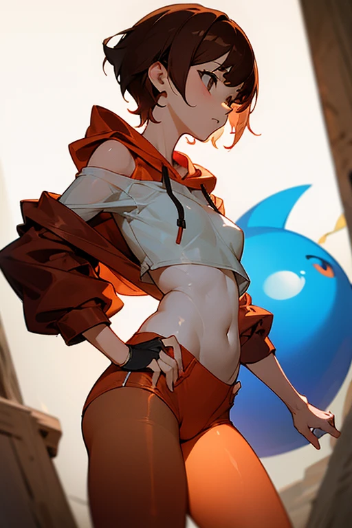 score_9, score_8_up, score_7_up, 1girl, Comic Look, misty (Pokémon), one shoulder free, loose top, shoulder free top, Bikini, wedgie, on one knee, (no top), nipples, perky breast, ((sexy Pose)), focus from above, push hip forward, (((lean back))), ((no pants)), no Gloves, looking at viewer, fit body, tiny waist, wide eyes, wide hips, posing, ghost House, ghosts in background, ((Many Ghost hands)), Blurry background