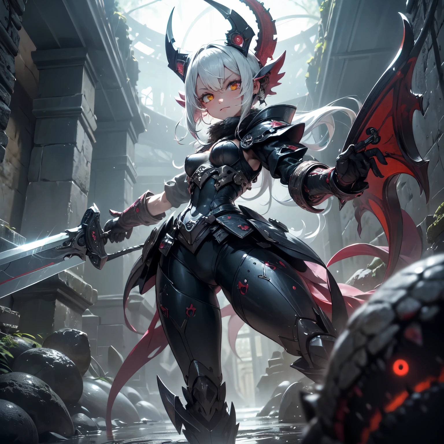 Ore shield Aegis platinum Robot steampumk Girl Automaton, mecanismos sombrios, uma Arma Mangual Aberrante repousa, A nightmare creation ready for action. This mangrove weapon is a grotesque monstrosity, with twisted tentacles that form the extension of the weapon. Each tentacle ends in an eyelid with sharp, tusked teeth, projecting like lethal blades. The body of the weapon is adorned with manic eyes that are filled with stitched human arms and tentacles that writhe like serpents. Apesar de estar acorrentada, the Aberrant Mangual Weapon displays an expression of madness and extreme insanity, as if it were a living extension of the chaos that inhabits the dungeon. Seus olhos brilham com uma intensidade perturbadora. The surrounding environment is threatening, with damp stone walls and a silence that seems oppressive. The Mangual Aberrant Weapon is a cursed relic, A weapon that defies all notions of sanity and can unleash destruction at any time.