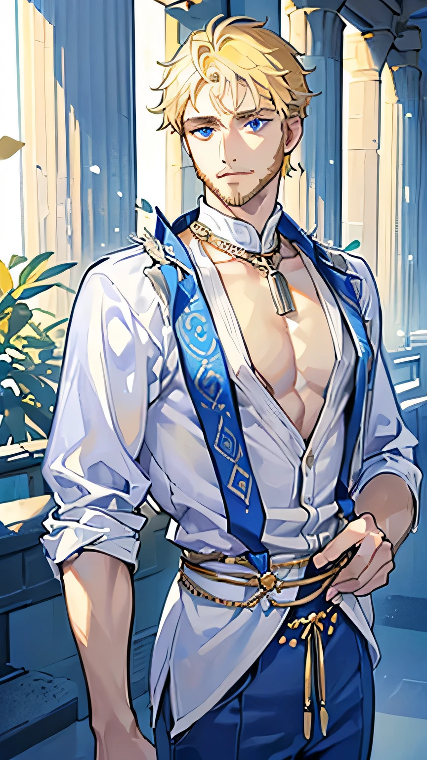 (man:1.5),1 man,male, muscle, 1boy, muscle, pectoral, muscular, Mature man,45 year,1 man,macho man,perfect body,an extremely delicate and beautiful detailed face,((blonde hair,nice hair style,short blonde hair)),(((blonde very short beard, blonde very short beard))), (((blue_eyes:1.3))),intricate eyes,beautiful detailed eyes,symmetrical eyes,perfect face, nice hair style,perfect proportions, thicc, ((detailed face)),macho man,
(male caucasian prince),prince,
(((lustrous skin:1.5,tanned skin,bright skin: 1.5,skin tanned,shiny skin,very shiny skin,shiny body))),powerful,heroic,nsfw,
caucasian,elegant,
(open toga, arab fashion,arab toga, jeans,white shirt, masculine features, modern style,arab clothes),(((blue toga, blue toga outfit, wearing a blue toga:1.3,arab blue toga))),(arab jewelry,intricate necklace),((bulge in pants)),(((intricate outfit,intricate clothes,ornate outfit))),
(dynamic pose:1.0),embarrassed,(centered,scale to fit dimensions,Rule of thirds),
inside,indoor,((room in a greek temple:1.3,columns of a greek temple:1.3)),scenery:1.25,((intricate scenery)),((winter decorations)),
(Glossy winter ornaments),highres,sharp focus,(ultra detailed,extremely detailed),(photorealistic artwork:1.37),(extremely detailed CG unity 8k wallpaper),(((vibrant colors,vibrant theme))),(intricate),(masterpiece),(best quality),