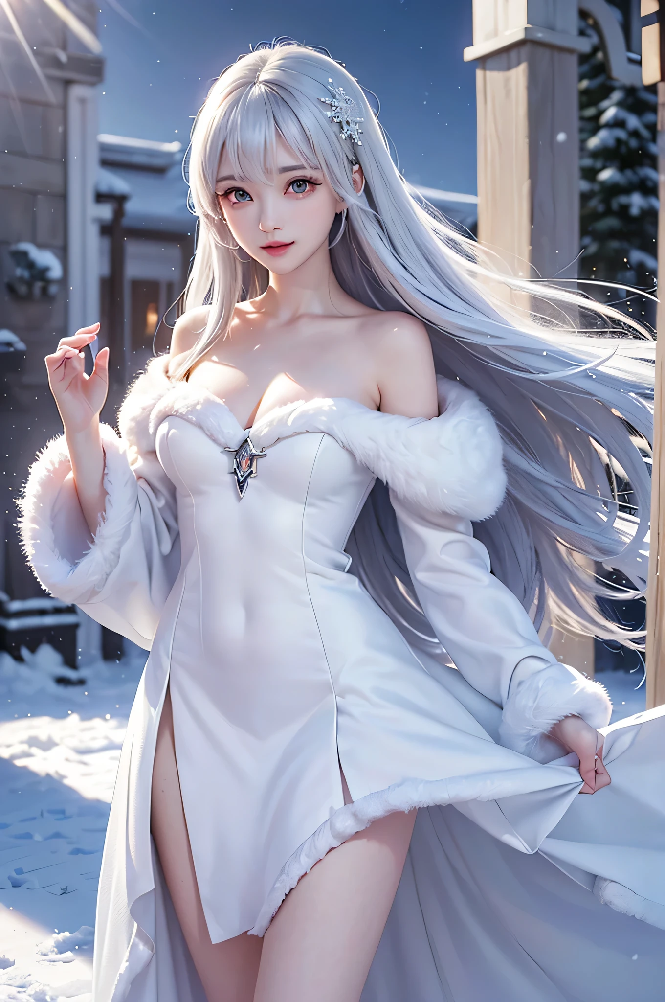 (Close-up)((masterpiece:1.5、8k、Tabletop、Photorealistic and very detailed CG、Very detailed、Particle Effects、Dynamic Effects、Written boundary depth、Cinematic Light、Lens flare、Ray Tracing、Tabletop、Realistic:1.4、超A high resolution、Realistic、Realistic))((alone、,Woman wearing a fur coat over an off-the-shoulder dress:1.4、Elegant woman posing:、Detailed face、brightexpression、young, bright, Whiter skin、medium beauty breasts、Best Looks、Ultimate beauty、White hair with shiny highlights、Bright, shiny, super long straight hair、Hair dancing in the wind))(morning、The setting is outdoors in the snow、Snowflakes flutter)

