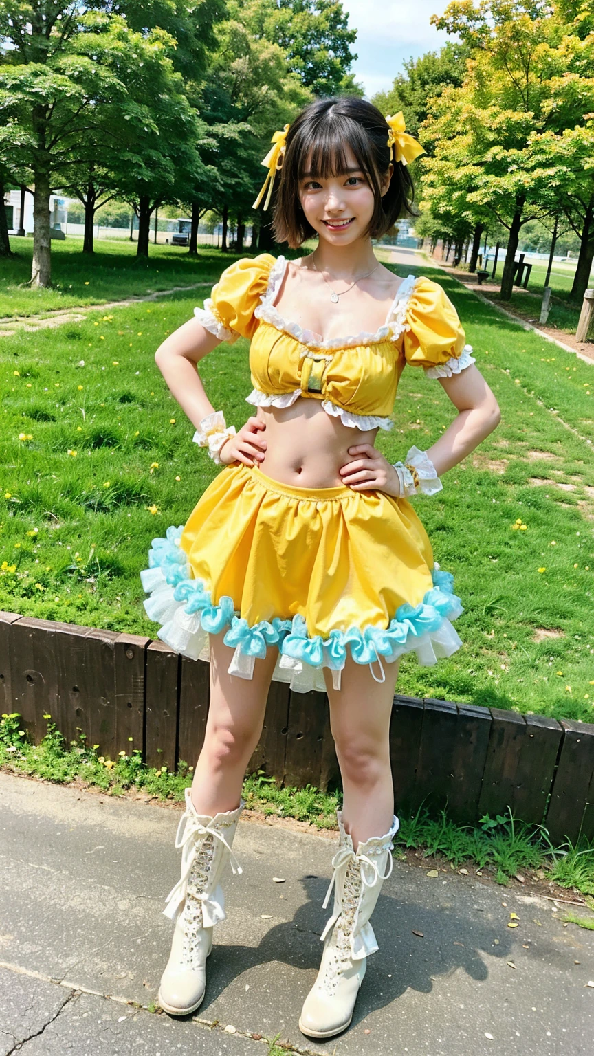 (8k、RAW Photos、highest quality、masterpiece:1.2)、(Realistic、Realistic)、1 girl、((Yellow and dress、Belly button、smile、ee-through、Large Breasts、Frills、casual、garden、ribbon、boots、Standing with hands on hips))、Lots of eyelashes、Glowing eyelids、skeletally correct