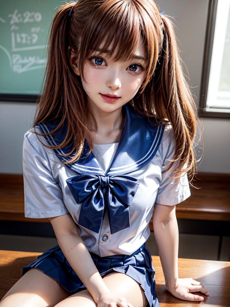 （8k, highest quality, Pieces fly:1.2)、Ultra-high resolution、anime,1 very pretty girl,Asuka Langley,Highly detailed face, Fine grain,blue eyes,,White sailor collar plain short sleeve shirt,Light blue skirt,Light Blue Suspenders,uniform_Red ribbon,Orange Hair,Long Hair、Detailed hand and fingers,put your hands in your hair,Grin、sitting on desk,Shooting from above,classroom