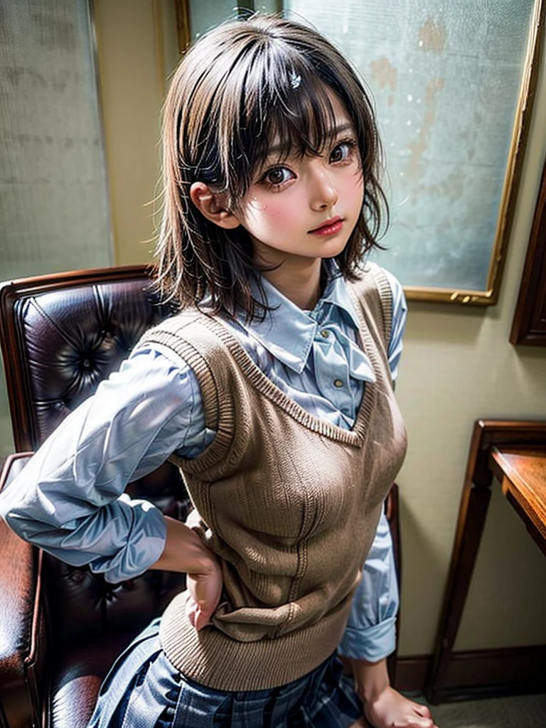 Masterpiece, Top Quality, Top Mikoto, brown eyes, short hair, small breasts, looking at viewer, alone, closed mouth, collared shirt, beige knit vest, dark blue  Skirt, school_uniform, shirt, white_shirt, classroom,Masterpiece, highest quality, 8K, detailed skin texture, fine cloth texture, beautiful detailed face, intricate details, super detailed,cute,cute posing,composition that shows the whole body,