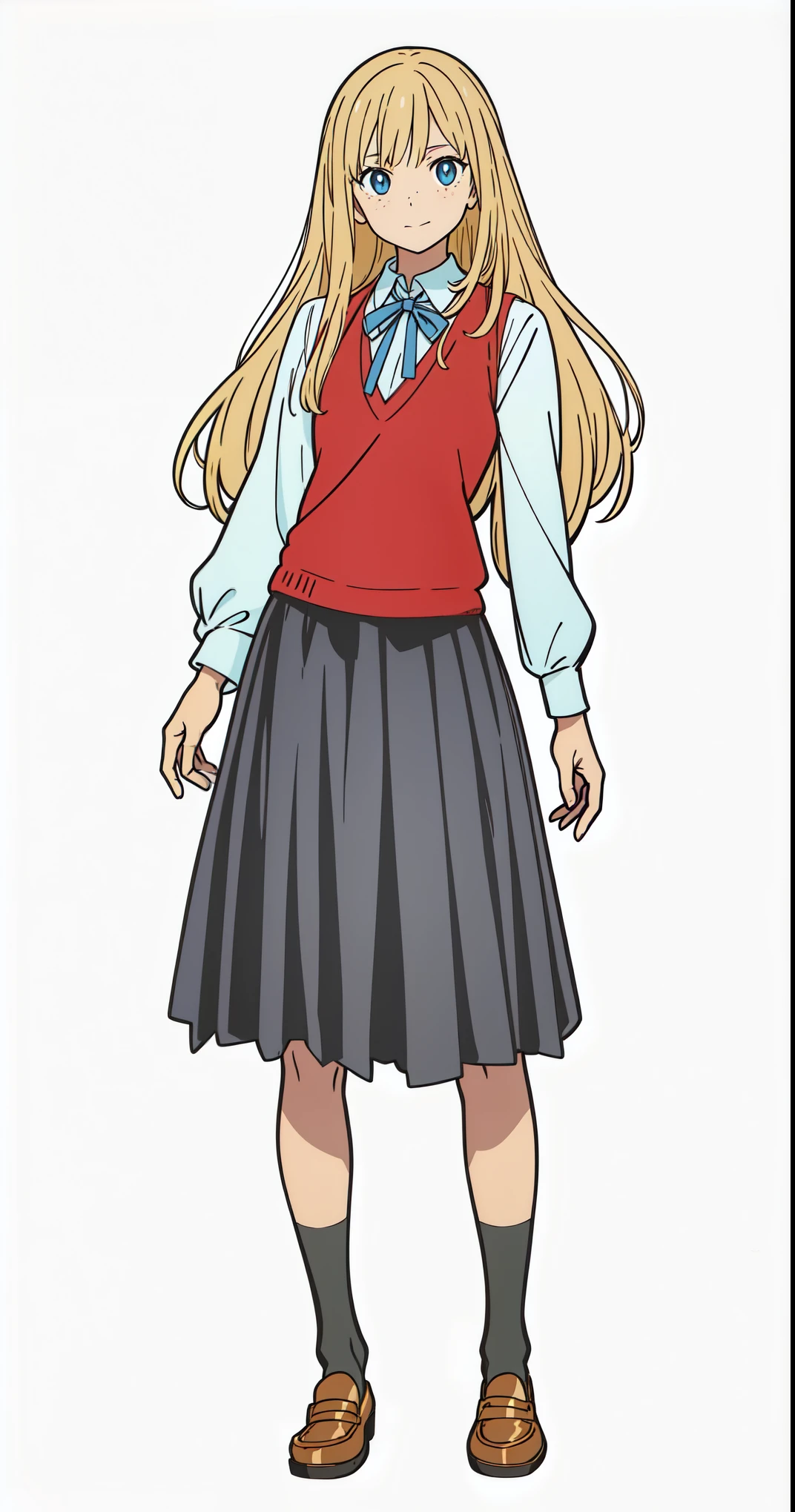(best quality:1.0), (masterpiece:1.0), (super fine illustration:1.0), (beautiful artwork:1.0), (anime screencap:1.0), (official art:1.0), (european:1.0), (cheerful:1.0), (white background:1.0), (best quality:1.0), (masterpiece:1.0), (super fine illustration:1.0), (beautiful artwork:1.0), (anime screencap:1.0), (official art:1.0), (solo:1.0), (european:1.0), (a 18yo cute girl:1.0), (long skirt:1.0), (black skirt:1.0), (pleated skirt:1.0), (red knit vest:1.0), (white long sleeve collared shirt:1.0), (blue neck ribbon:1.0), (loafers:1.0), (black socks:1.0), (ideal ratio body proportions:1.0), (lanky:1.0), (tall:1.0), (slender:1.0), (small breasts:1.0), (smaller face:1.0), (tareme:1.0), (freckles:1.0), (detailed beautiful eyes:1.0), (detailed beautiful face:1.0), (glowing blue eyes:1.0), (long hair:1.0), (swept bangs:1.0), (blonde hair:1.0), (standing:1.0), (looking at viewer:1.0)