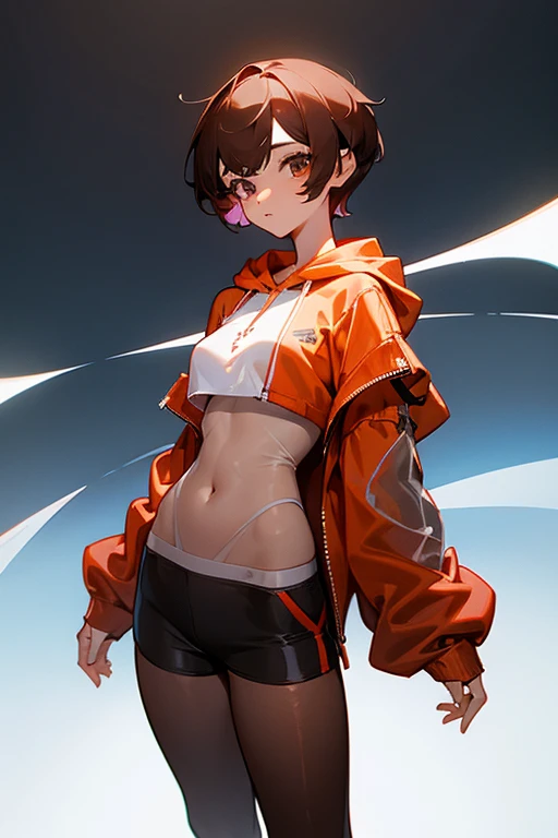 Cute girl 、Belly button、Shoulder、slender、Tight clothing、Pixie Cut、Sporty、Grown-up、24-years-old、Red-brown hair、Oversized Shorts、Oversized hoodie、Translucent tightesh tights、Off-the-shoulder hoodie、See-through design