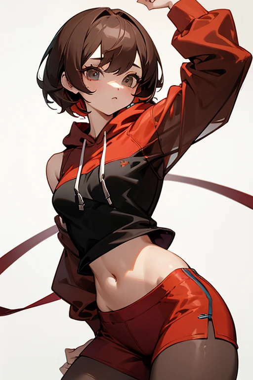 Cute girl in a hoodie、Belly button、Shoulder、slender、Tight clothing、Pixie Cut、Sporty、Grown-up、24-years-old、Red-brown hair、