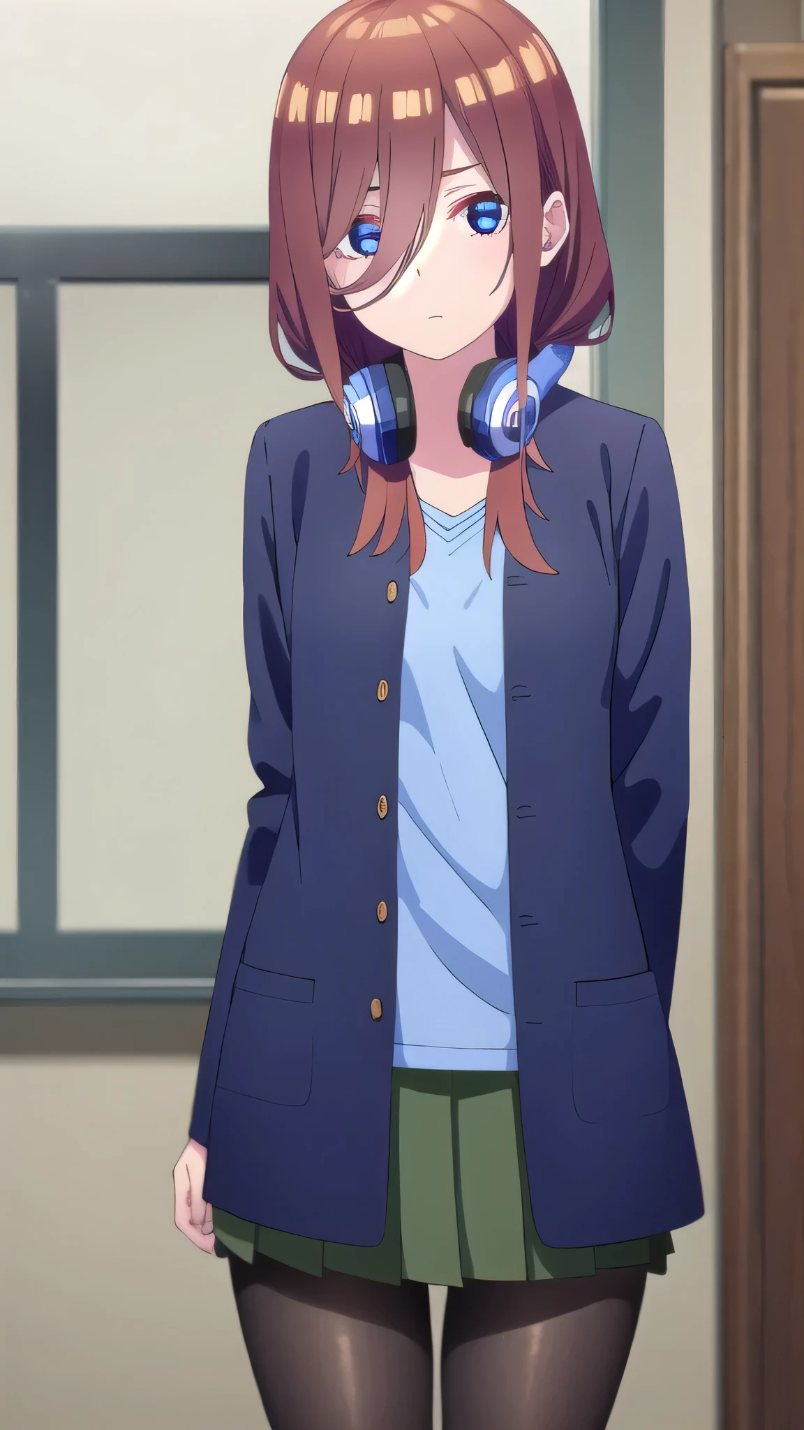 mikunakano, miku nakano, long hair, bangs, blue eyes, brown hair, shirt, hair between eyes, headphones, cardigan, headphones around neck,
BREAK skirt, shirt, long sleeves, white shirt, pantyhose, pleated skirt, black pantyhose, cardigan, green skirt, blue cardigan,
BREAK indoors, classroom,
BREAK looking at viewer, BREAK (masterpiece:1.2), best quality, high resolution, unity 8k wallpaper, (illustration:0.8), (beautiful detailed eyes:1.6), extremely detailed face, perfect lighting, extremely detailed CG, (perfect hands, perfect anatomy),