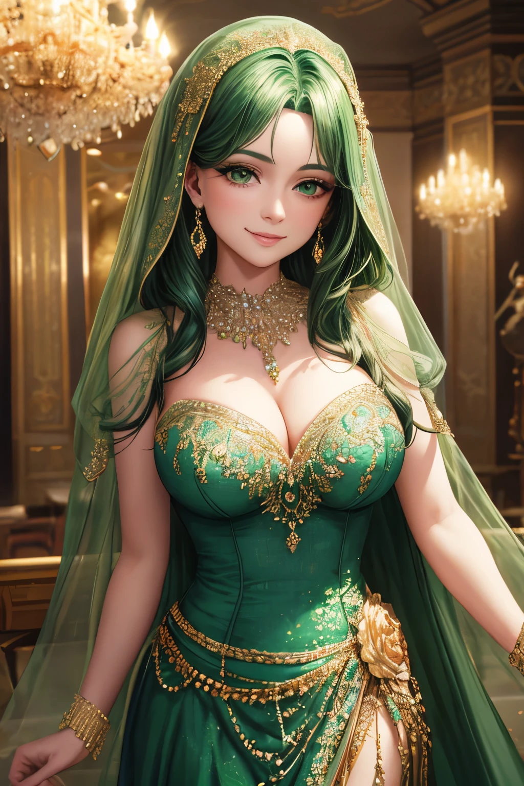 Radiant woman in an emerald green dress, standing in front of a luxurious backdrop with gleaming lights behind. [High-quality:1.2], 1 subject, radiant skin, detailed makeup – emphasized eyes and lips, long eyelashes, medium: oil painting, vibrant colors, HDR, studio lighting, ultra-fine painting, sharp focus, physically-based rendering, extreme detail description, portraits, hourglass figure, bustier dress, revealing neckline, arms slightly crossed, facing viewer, gleaming jewelry, dazzling smile, full-length picture, appearing in full frame, green dress with gold accents, expensive looking surroundings, luxurious setting, bright lights,