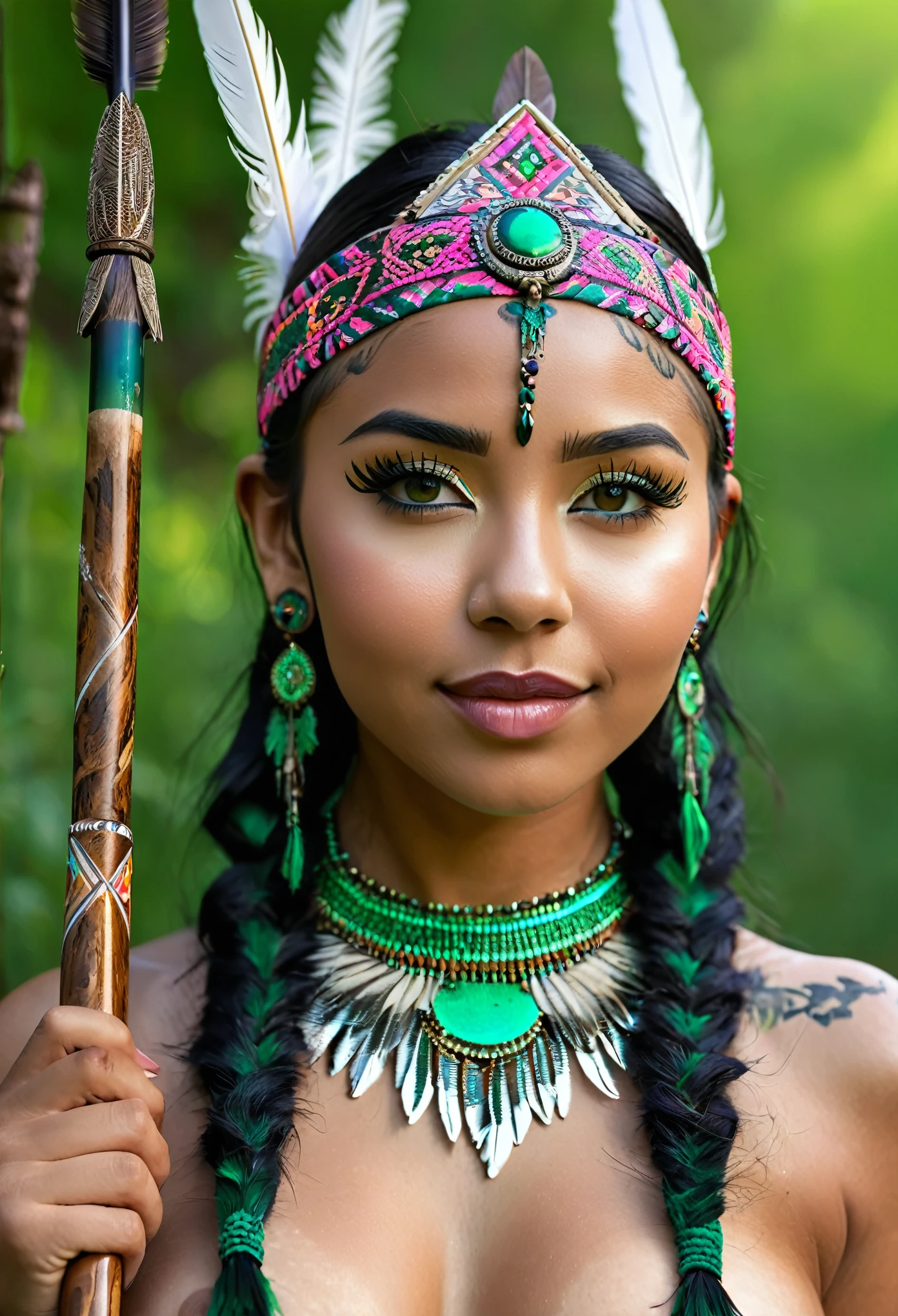 UPPER VIEW, a godness of beauty girl, a stunning ELFIC girl in the forest city,(totally naked:1.5), SMILE, on forest, Brazilian Indian,indium,dark skinned,archery,indium tattoo,leopard pattern tattoo,straight hair,FLATE FRONTEAL fringe.Indian headdress,penache,tan lines,big and perky breasts,PINK NIPPLES, sexy, hourglass bady,UHD,lens flare,realistic photo,ultra detailed,(ultra detailed iris of the eyes in green:1.2),slim waist,muscular,black lipstick,induim makeup,full body, wide angle,side by waterfall,super colorful makeup,breathtaking view,breathtakinG body,dystopian,bone necklace,with feathers on her headdress and signs of paint on her face, ethnic accessories, homemade SPEAR in hand, geometric patterns, intricate knots, warrior, high detail,excellent image, high quality, sharp details, realistic rendering, accurate anatomy, perfect proportions, clear and crisp, vibrant colors, professional quality, flawless execution, exceptional detail, outstanding realism, top-notch craftsmanship, impeccable rendering, exquisite precision, superb quality, flawless finish, exceptional clarity, impeccable detail, top-tier quality, flawless representation, outstanding craftsmanship, superior execution, precise detail, unparalleled quality, unmatched quality, exceptional imagery, exceptional composition.
