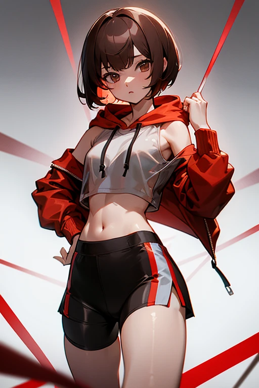 Cute girl 、Grey-based design、Grey clotheonotone fashion、Belly button、Shoulder、slender、黒いTight clothing、Pixie Cut、Sporty、Grown-up、24-years-old、Red-brown hair、Oversized Shorts、Oversized hoodie、Translucent tightesh tights、Off-the-shoulder hoodie、See-through design