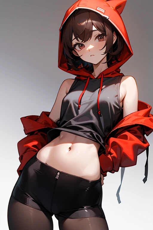 Cute girl in a hoodie、Belly button、Shoulder、slender、Tight clothing、Pixie Cut、Sporty、Grown-up、24-years-old、Red-brown hair、Accentuated breasts、Brown Skin、Earrings、Simple Necklace