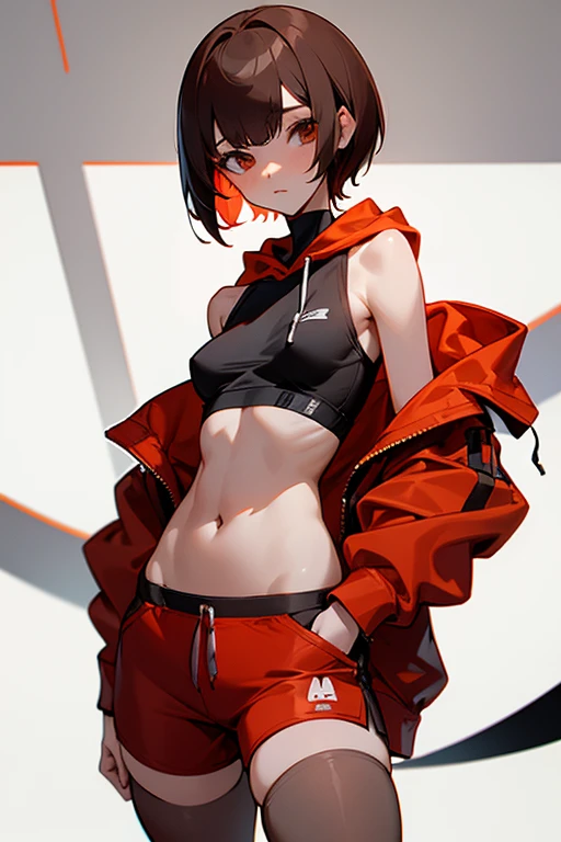 Cute girl 、Grey-based design、Grey clotheonotone fashion、Belly button、Shoulder、slender、黒いTight clothing、Pixie Cut、Sporty、Grown-up、24-years-old、Red-brown hair、Oversized Shorts、Oversized hoodie、Translucent tightesh tights、Off-the-shoulder hoodie、See-through design