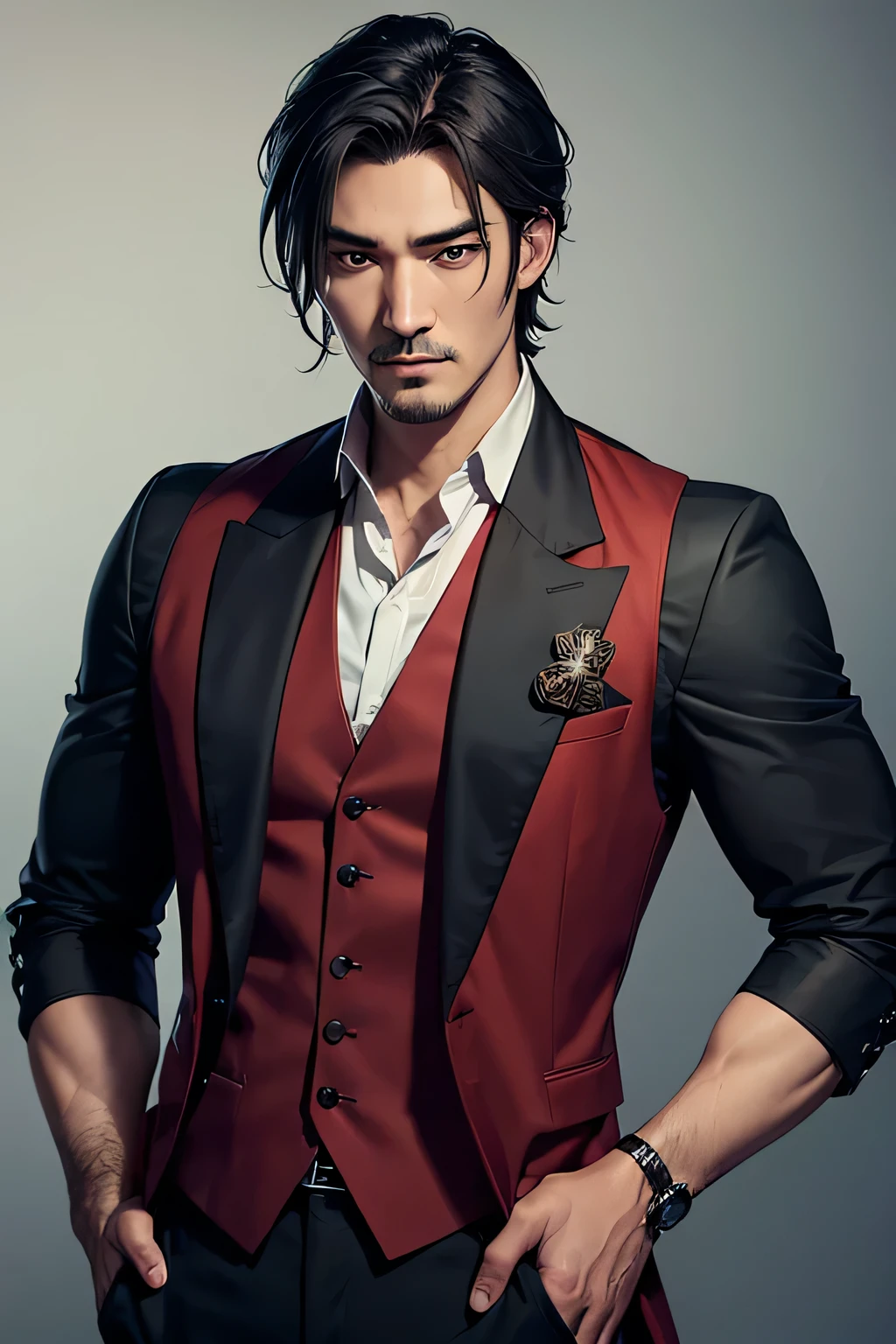 man in red vest, handsome male wizard, bowwater style, caleb from critical role, character portrait, detailed character portrait, takeshi kaneshiro, sebastian michaelis, adult, handsome, tall guy, broad shoulders, finely detailed eyes and detailed face, black hair, green eyes, handsome,  fantasy