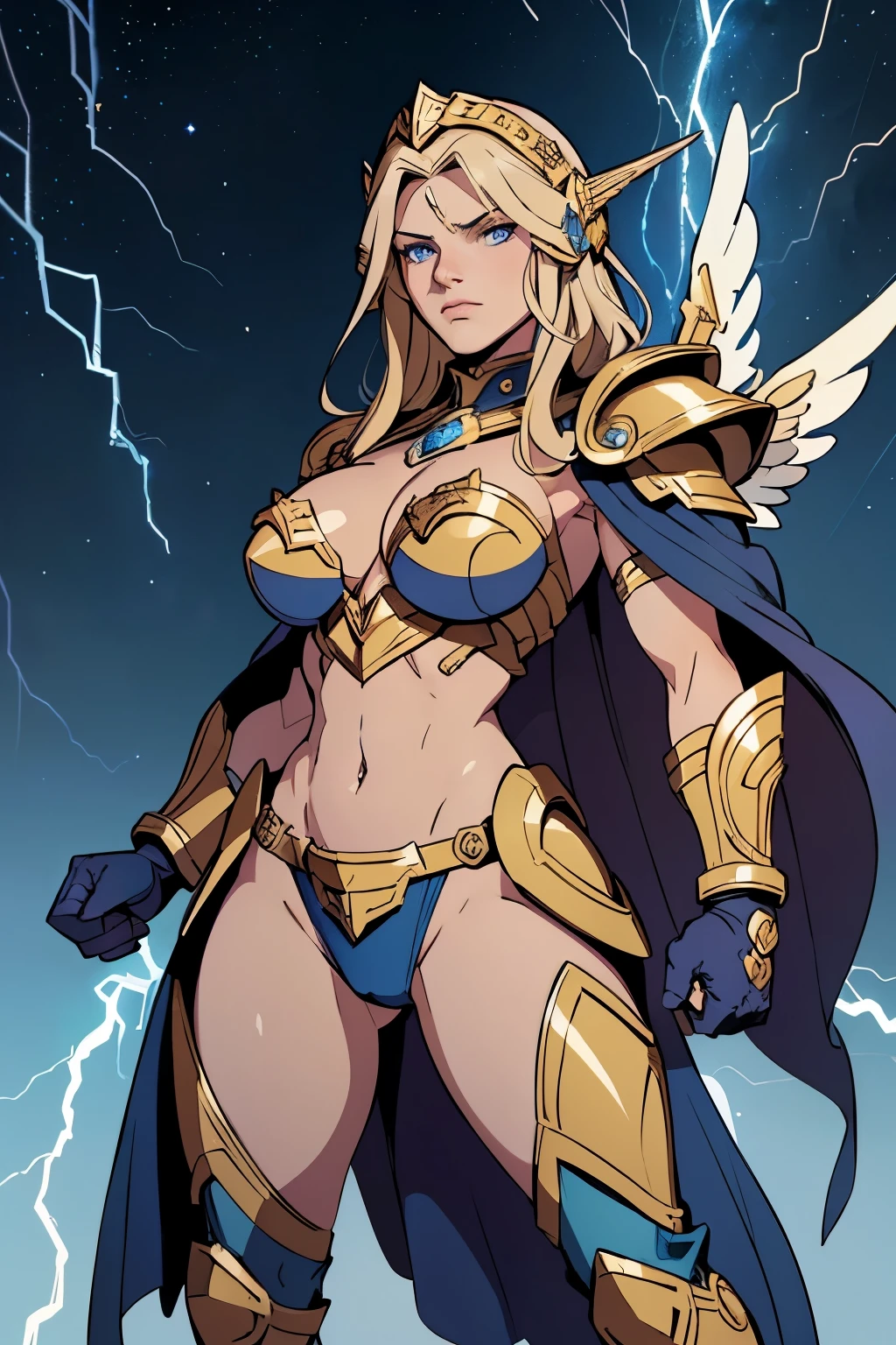 masterpiece, best quality, masterpiece, godlike quality, godlike art, highly detailed face, 1woman, digital illustration of Thundra, the Asgardian hero, standing confidently in her dark blue/purple armor with gold trim inspired by Jack Kirby's designs. blonde hair. Capture the essence of her power as she commands thunder and lightning, with her cape resembling a star field. Include the (((Norse helm with gold wings))) and showcase her right hand covered in a heavy armored glove. cosmic background. deep v neck. stern expression, (best quality), (masterpiece), realistic, sharp, 8k, (helmet), (purple armor), valkyrie, (full body), pretty face, (blue eyes), (((left hand glove))), (((Armored left hand))), bare right hand, star pattern, good hands, detailed hands. (((full helmet))), (((Helmet that covers the head with nose guard))), one leg raised, fist punching, holding a lightning bolt, shooting lightning from hand, (((dynamic pose))) , (((detailed face))) ,(((detailed eyes)))