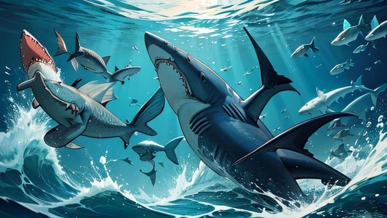 "Small fish and sea creatures frantically swimming away from the approaching shark family."
"A dramatic scene of underwater creatures fleeing, with the shark family in hot pursuit."