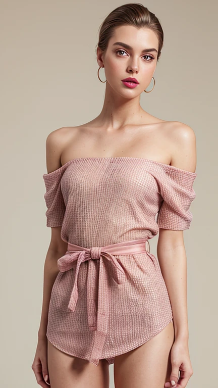 no make-up, pink lipstick, slicked back brown hair, Detailed Face, Detailed Lips, Detailed Eyes, full waist up pose , upper knees pose , thin transparent minimalist half-opened off shoulder clothes