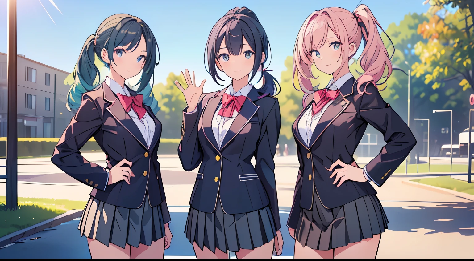 ((Top quality, 4k, 8k, high resolution, masterpiece: 1.2))), (super detailed), (realistic), (photorealistic), (photorealistic: 1.37), (HDR, UHD), (studio (lighting), ultra-fine drawing, sharp focus, physically-based rendering, highly detailed, professional, vibrant colors, group of girls, multiple girls, looking at the viewer, dynamic poses, waving, Smile, all wearing the same clothes, high school student, uniform, blazer, skirt, long hair, medium hair, short hair, ponytail hair, twintails, black hair, pink hair, blonde hair, blue hair, green hair, school playground background, school building background ,