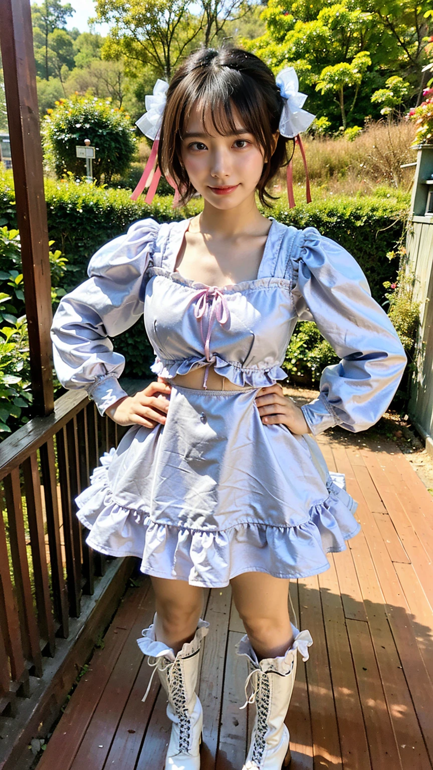 (8k、RAW Photos、highest quality、masterpiece:1.2)、(Realistic、Realistic)、1 girl、((Colorful dresses、Belly button、smile、ee-through、Large Breasts、Frills、casual、garden、ribbon、boots、Standing with hands on hips))、Lots of eyelashes、Glowing eyelids、skeletally correct