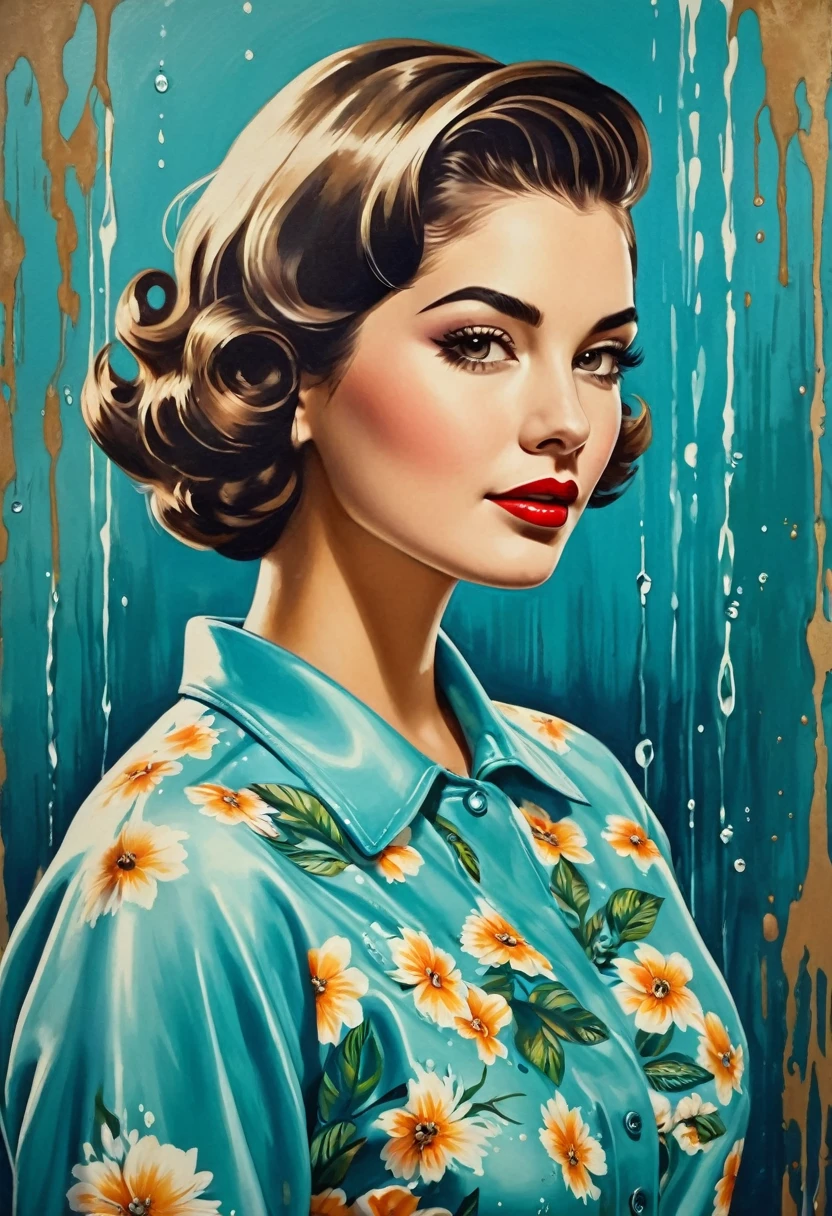 Mujer de cabello corto, piel hecha de agua, ropa retro. Pintando en un lienzo.