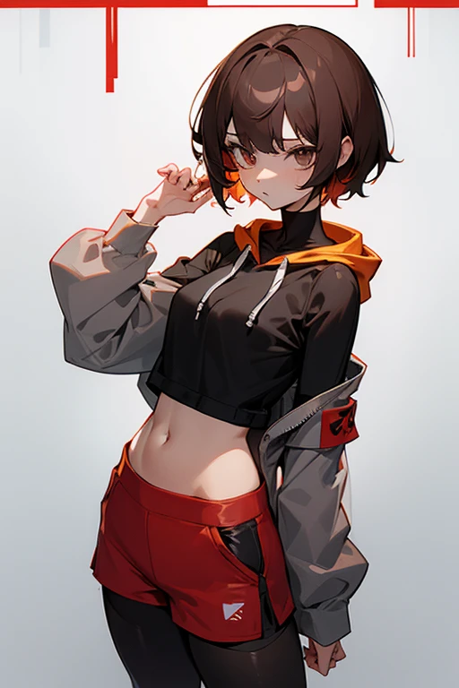 Cute girl 、Grey-based design、Grey clotheonotone fashion、Belly button、Shoulder、slender、黒いTight clothing、Pixie Cut、Sporty、Grown-up、24-years-old、Red-brown hair、Oversized Shorts、Oversized hoodie、Translucent tightesh tights、Off-the-shoulder hoodie、See-through design、Short skirt、