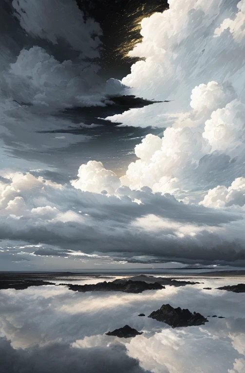Masterpiece drawing, The clouds in the sky were divided into two and drifted to both sides, (on the left the main color is white, on the right the main color is black), landscape of a fierce battle, rising smoke, lightning, ((dramatic lighting)), dark scene, best quality.