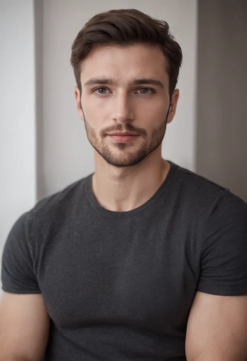 A masculine young man in his late twenties, short beard, dark brown hair, light hazel eyes, masculine energy, at home, athletic body, wearing classic trousers and an open T-shirt with the top open.