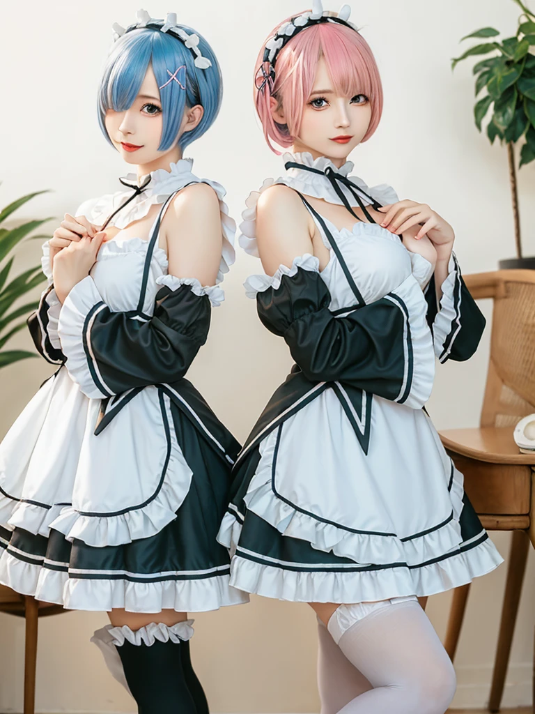 (8K, Photorealistic, Raw photo, of the highest quality: 1.3), (1girl in), Super beautiful, (Realistic face), (boyish, light blue Color Berry Shorthair),(8K, Photorealistic, Raw photo, of the highest quality: 1.3), (1girl in), Super beautiful, (Realistic face), (boyish, pink Color Berry Shorthair), Beautiful , Glare that captivates the viewer, Beautiful expression, Beautiful breasts, (Realistic skin), Be...Create a detailed and colorful image of Ram and Rem from Re:Zero, standing back-to-back in their maid outfits, with a magical fantasy background、14years old, two girls,cute, perfect face, beautiful, nice body, gothic lolita clothes, gothic lolita fashion, frilly skirt, headdress, necklace, bracelet, knee-high socks, boots, double eyelids, tear bags, Detailed down to the fingers, photo-like description, indoors, dim indoor lighting, one girl is pink hair and short bob, another girl is light blue hair and short bob,standing, whole body, composition that shows the whole body, smiling,The Both of them are wearing the same type of maid outfit