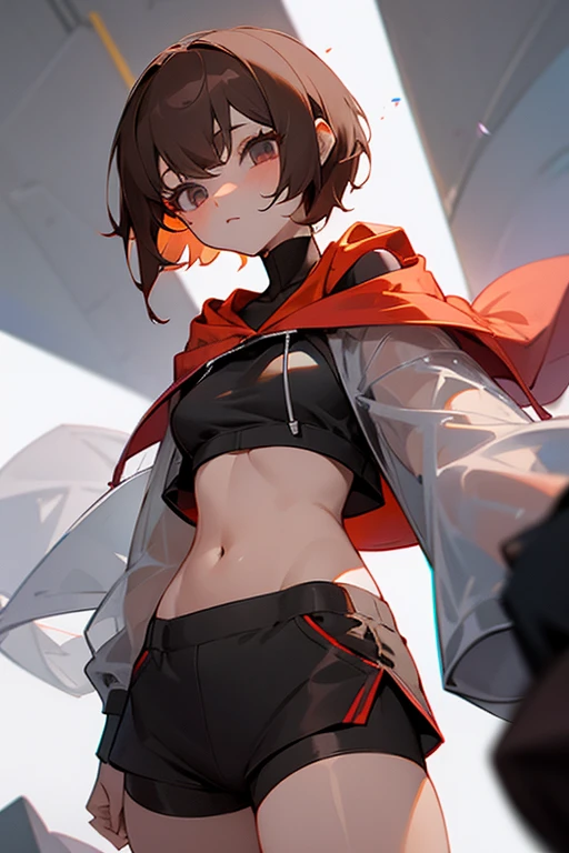 Cute girl 、Grey-based design、Grey clotheonotone fashion、Belly button、Shoulder、slender、黒いTight clothing、Pixie Cut、Sporty、Grown-up、24-years-old、Red-brown hair、Oversized Shorts、Oversized hoodie、Translucent tightesh tights、Off-the-shoulder hoodie、See-through design、Short skirt、