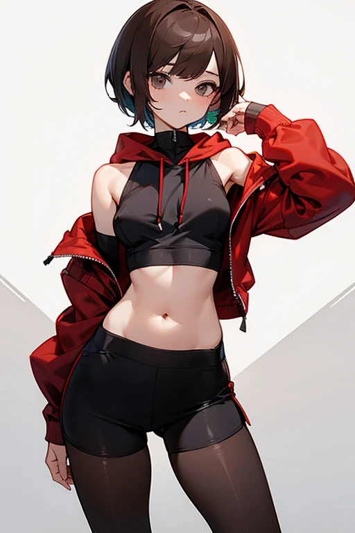 Cute girl 、Grey-based design、Grey clotheonotone fashion、Belly button、Shoulder、slender、黒いTight clothing、Pixie Cut、Sporty、Grown-up、24-years-old、Red-brown hair、Oversized Shorts、Oversized hoodie、Translucent tightesh tights、Off-the-shoulder hoodie、See-through design、Short skirt、