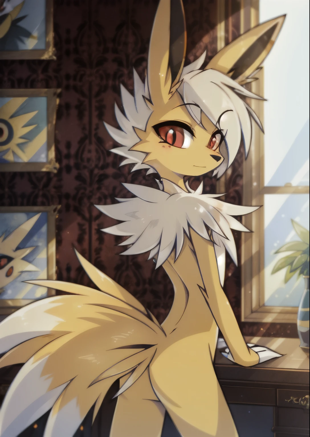 (Masterpiece, Best Quality, Highres:1.4), (anthro) Detailed, Intricate Details, 4K, (Pokémon), (jolteon), (furry) extremely detailed fur, red eyes, best quality, hair. style hair, tail, (2 ears), good anatomy, looking at the viewer