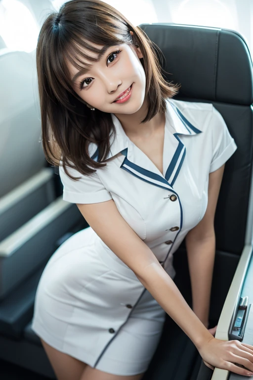 (masterpiece:1.3), high resolution, ultra detailed, extremely detailed CG unity 8k wallpaper, realistic, photo-realistic, RAW photo, beautiful detailed face, pale skin, realistic skin, detailed cloth texture, detailed hair texture, Perfect proportion, Beautiful Face, accurate, Anatomically correct, Highly detailed face and skin texture, natural neck length, (beautiful hands), (fair skin:1.2), Thin legs, Thin feet, Sexy thighs,
BREAK,
Detailed eyes, symmetrical eyes, Light Brown eyes, Double eyelids, Thin eyebrows, (Glossy lips:1.4), ((Pretty smile:1.2)), (blush:1.2),
BREAK,
(A Classy and Cute girl:1.3), (Wearing a Elegant flight attendant uniform of Japan Air Line:1.2),
(medium large breasts), (slender figure:1.2),
(Dark brown hair, wavy hair), ((short hair, asymmetrical bangs:1.2)), (Upper body shot:1.2), (looking at viewer:1.2), From side,
BREAK,
((Standing in the floor of first-class with Elegantly pose:1.2)), (Inside the private Airplane: 1.2),