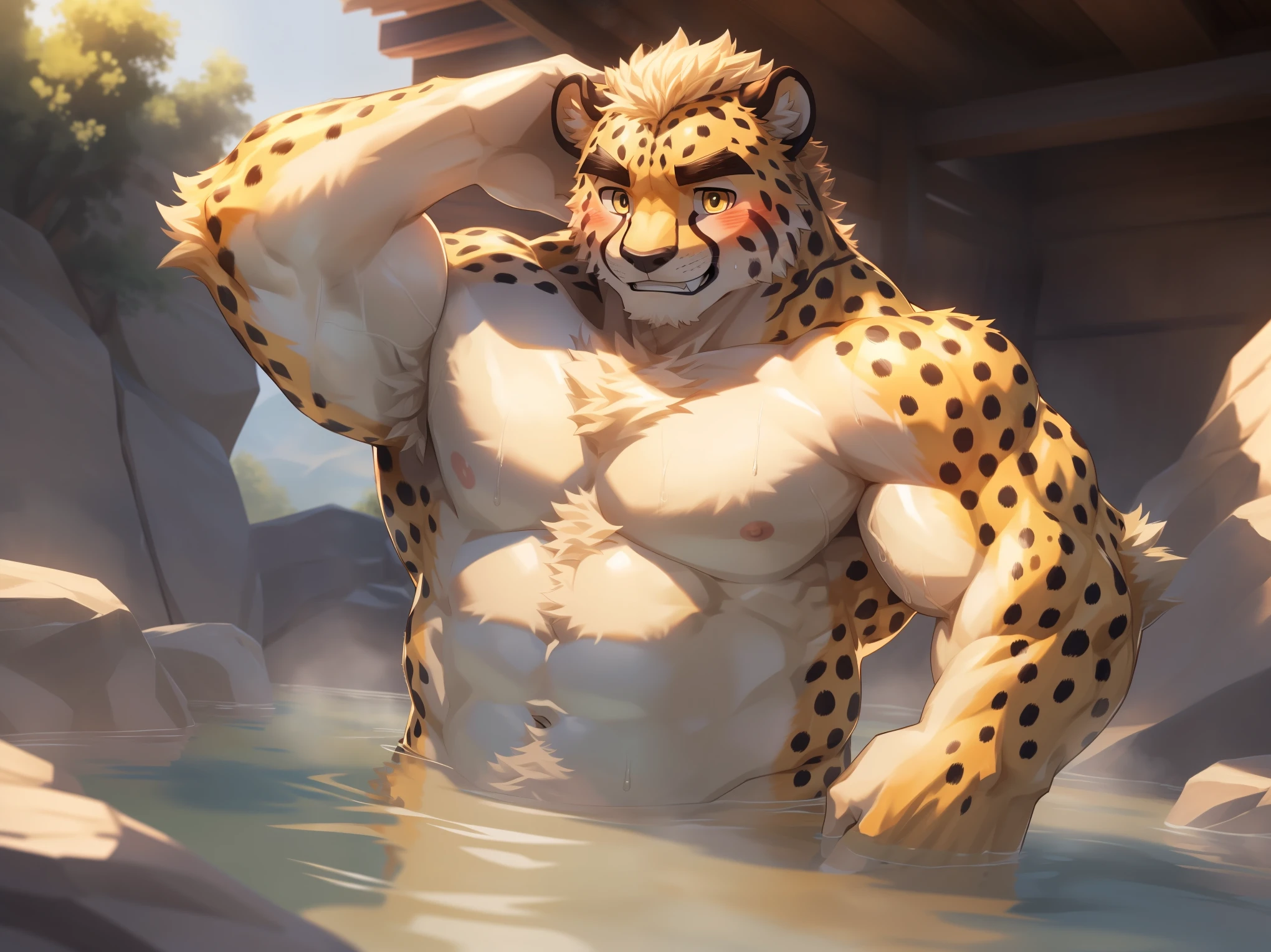 Solitary, anthropology, hairy, male, Cheetah, ((fluffy fur, hairy body)), (Cheetah印), (Thick eyebrows), youth, muscular, White skin, White big muscle, Golden pupils, de-tailed teeth, defaced face, Fundos, Visitors, pink tit clusters, Waist-down soak in natural hot springs, Small bump, One hand raised to touch the head, (sideways:1.5), Shy expression, A faint smile, blush, Clear facial features, Strong, Sweat, majestic, solitary, Full body image, Fog atmosphere, early morning, Tyndall rays, Natural stone, Plants in the cracks of rocks (through empty ghost, From cheetah20, masterpiece, high quality, high resolution,8k), permanent, Bust, (Vision)